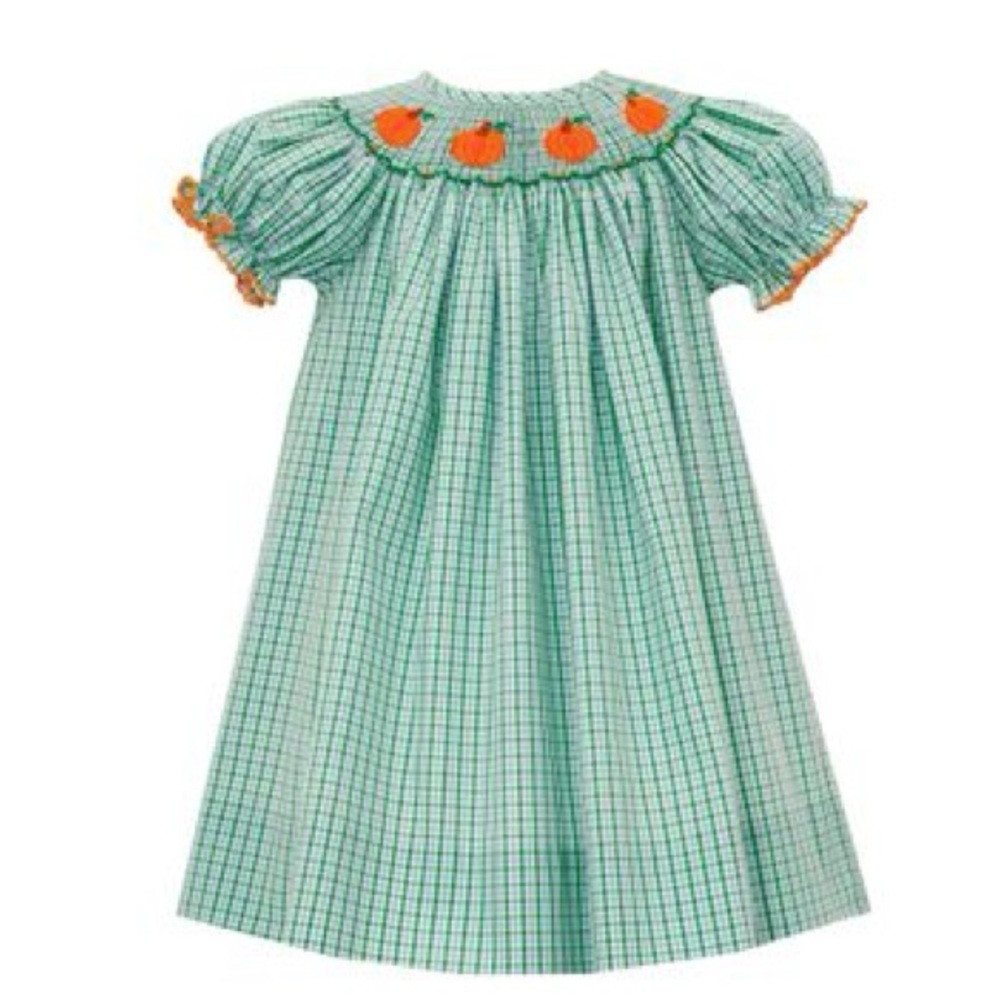 Petit Bebe Green and Blue Checked 🎃 Pumpkin Bishop Dress
